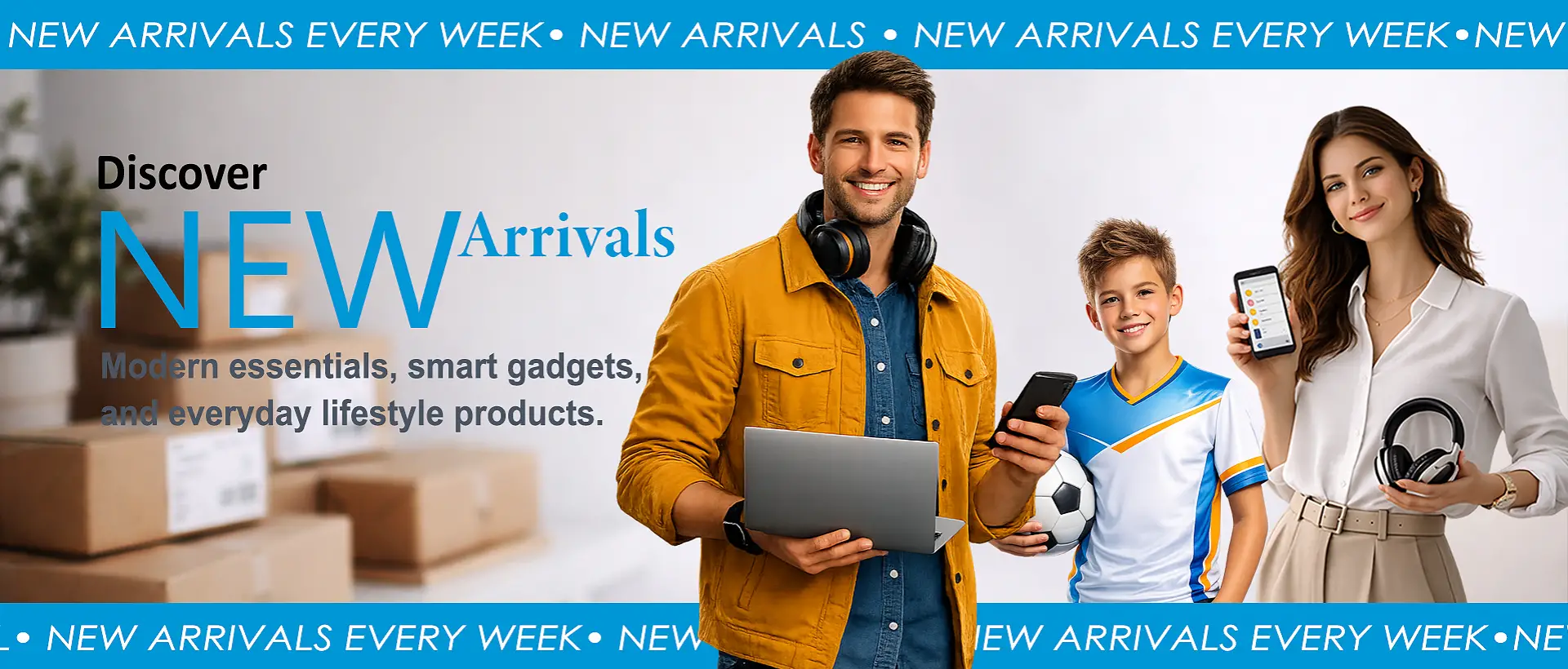 Modern Tech & Gadgets Lifestyle Collaboration Modern tech and gadgets lifestyle image showing a young man and woman presenting smart devices in a clean, well-lit workspace