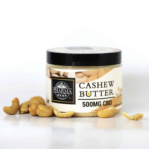 Cashew butter with CBD, 500mg CBD jar, branded Pharma Hemp, healthy nut spread, CBD infused nut butter product.