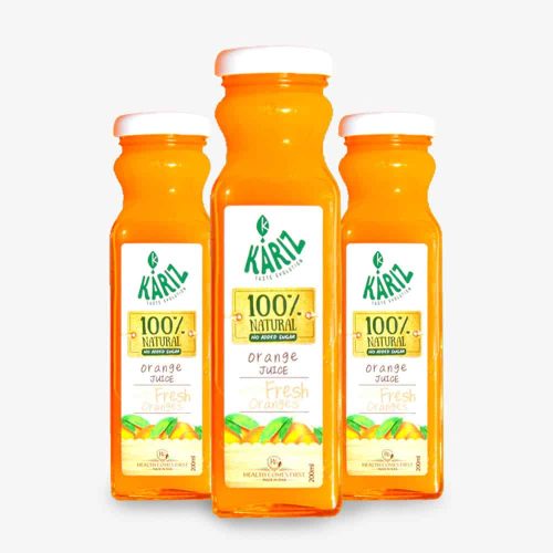 Fresh orange juice bottles with natural ingredients from Kariz, 100% pure and no added sugar.