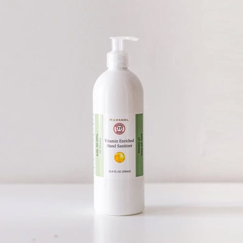 Hand sanitizer bottle with vitamin enrichment for hand hygiene and safe germ protection.