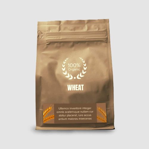 Fresh organic wheat in resealable bag, ideal for healthy diet and baking uses.
