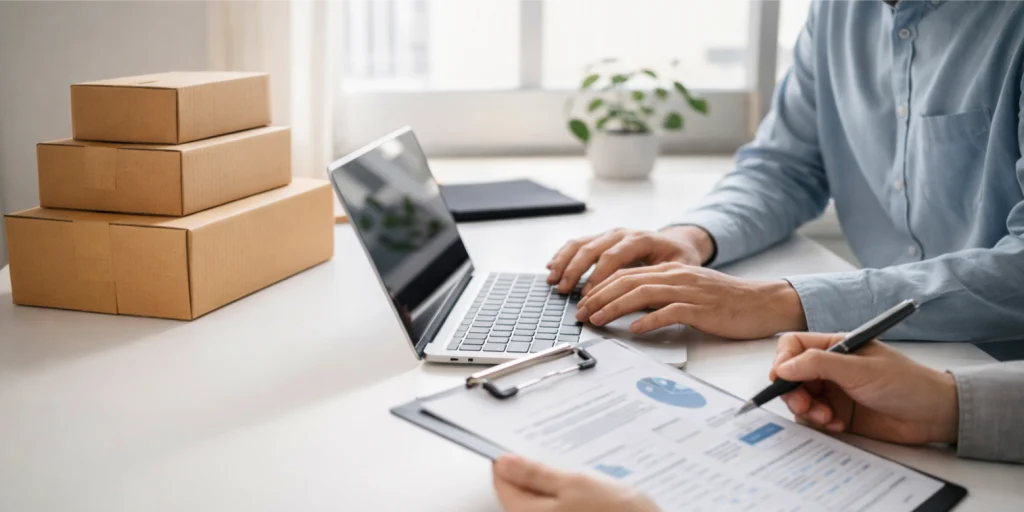 Business professionals reviewing partnership application steps in a modern office
