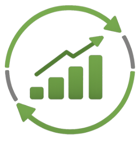 Continuous improvement icon showing circular arrows and an upward growth indicator
