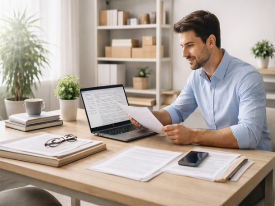 Modern professional workspace with legal documents and secure online transactions representing ACUVICK Terms & Conditions