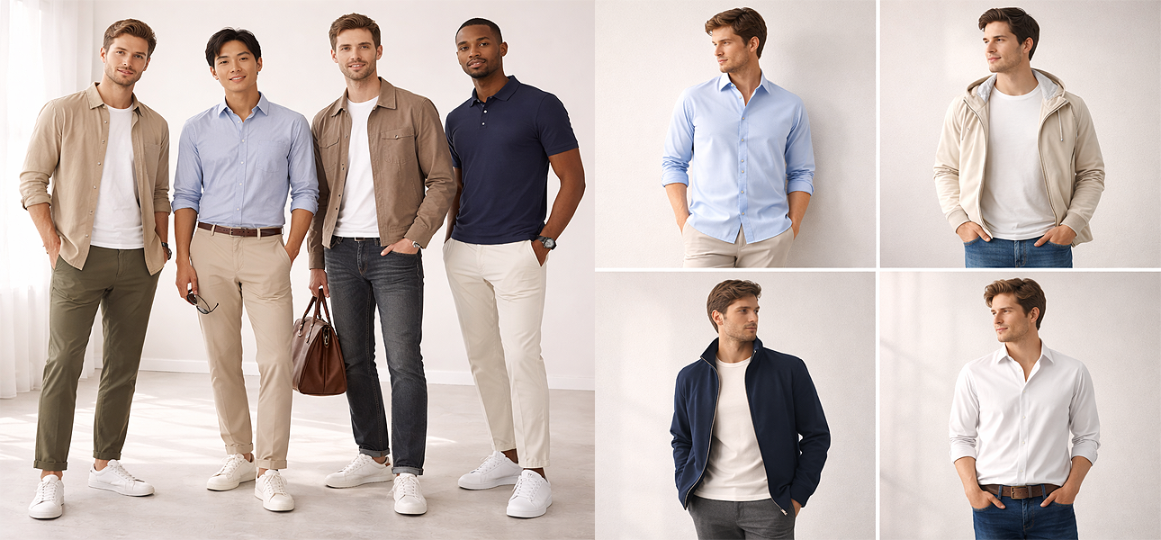 Minimalist men’s fashion image featuring modern clothing including shirts, t-shirts, trousers, jeans, jackets, and casual outerwear in a clean neutral setting