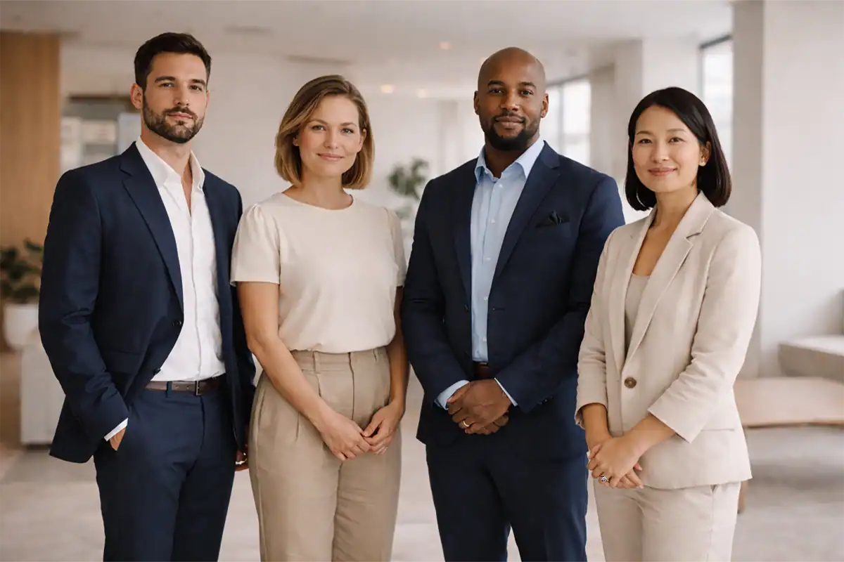 A diverse group of four professionals standing together in a modern office environment.