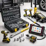 Set of power tools and socket wrench kit on a workbench in a garage.
