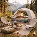 Premium camping gear including tent sleeping bags cooking equipment and outdoor accessories