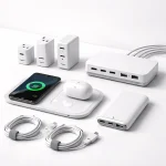 ACUVICK smart home charging and power management devices with wireless earbuds and cables.