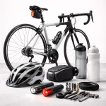 Cycling accessories including bike lights repair kit and helmet