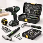 A versatile power drill with a set of screwdriver bits and accessories for home projects.