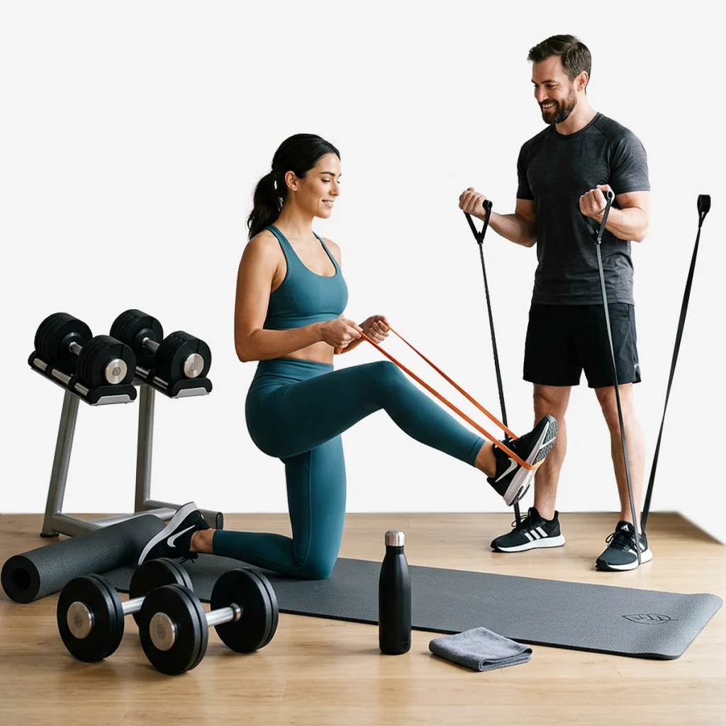 Fitness equipment including dumbbells resistance bands yoga mat and workout accessories