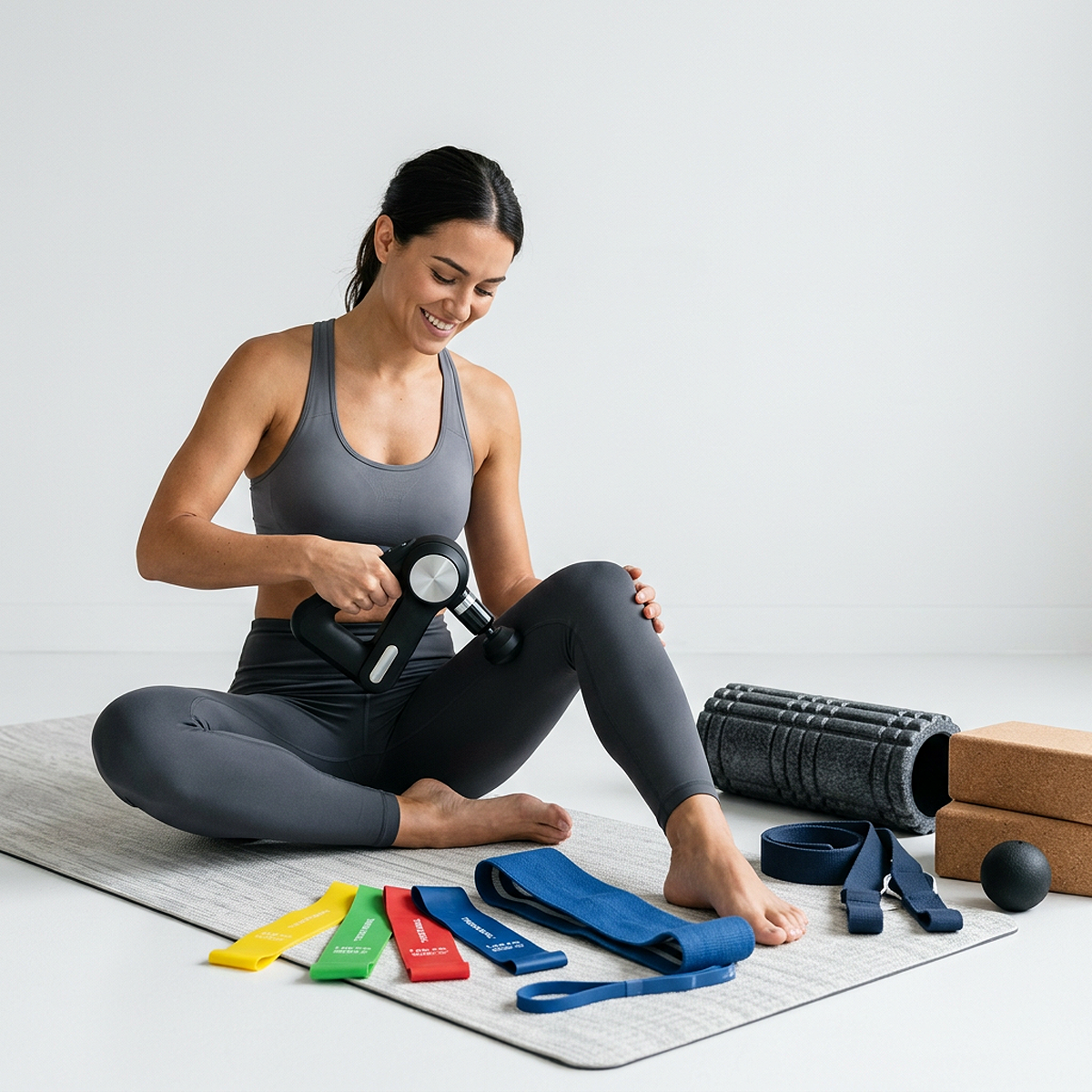 Fitness recovery products including foam roller massage gun resistance bands and yoga mat