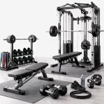 Gym equipment including dumbbells resistance bands and workout bench