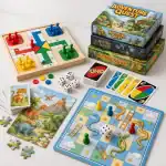 A colorful collection of board games and playing cards for family fun and entertainment.