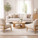 Modern living room furniture including sofa coffee table and lounge chairs