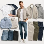 Men’s clothing including t‑shirts shirts jeans jackets and hoodies