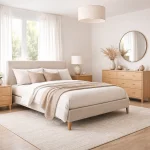 Modern bedroom furniture including bed frame dresser and nightstand