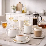 Stylish drinkware including glassware mugs and cups for modern dining