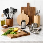 Modern kitchen tools including spatulas whisks measuring cups and utensils