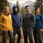 Outdoor apparel including jackets hiking clothing base layers and rainwear for outdoor activities