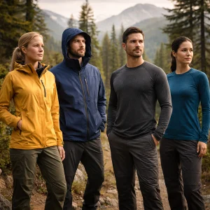 Outdoor apparel including jackets hiking clothing base layers and rainwear for outdoor activities