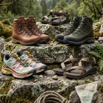 Outdoor footwear including hiking boots trail running shoes and sandals for outdoor adventures