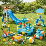 Outdoor toys for kids including playsets ride-on toys water play and sports toys