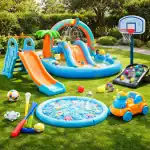 Outdoor toys for kids including playsets water toys ride-on toys and games