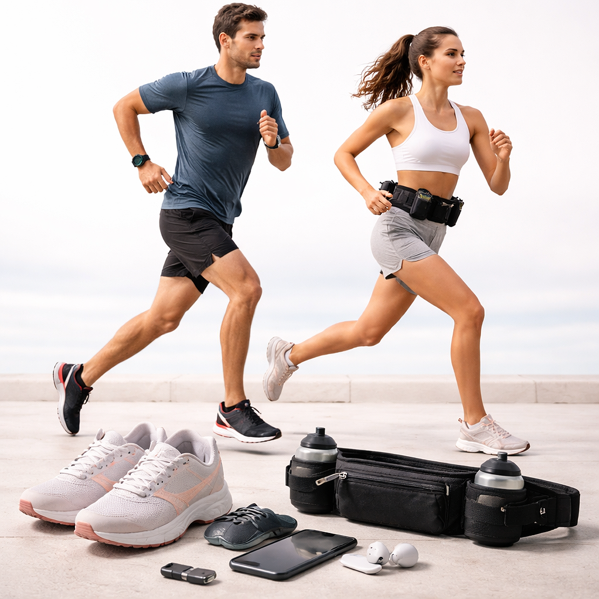 Running gear including shoes, apparel, and technical accessories