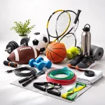 Sports equipment collection including balls rackets and fitness gear