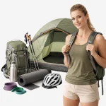 Sports and outdoor equipment including camping gear fitness accessories and cycling helmet
