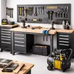 A clean and organized workshop with tools, power drills, and storage cabinets.