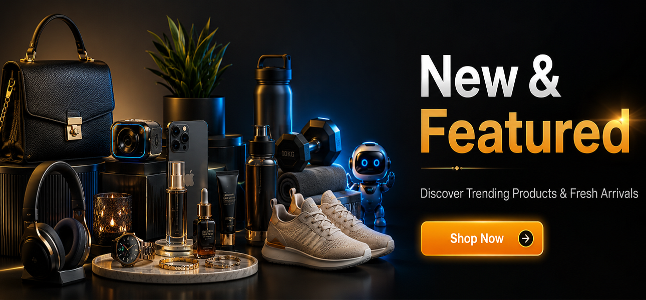 New and featured products hero banner with promotional text, showcasing fashion, tech, beauty and lifestyle items