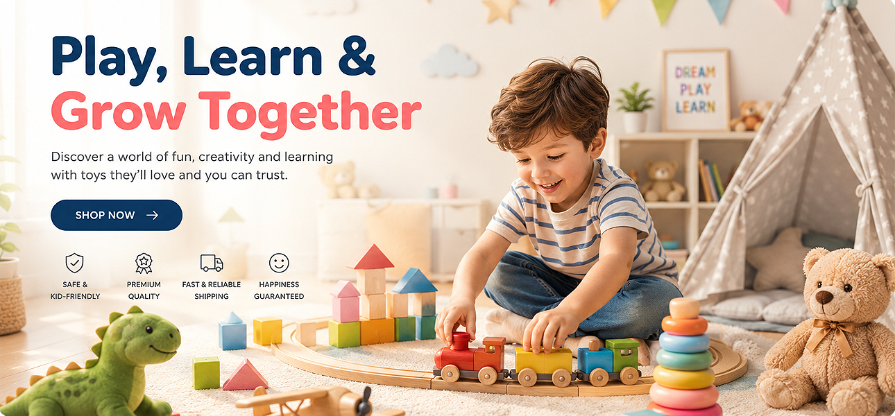 Children playing with educational toys, RC cars, building blocks and creative play sets in a modern ecommerce toys hero banner