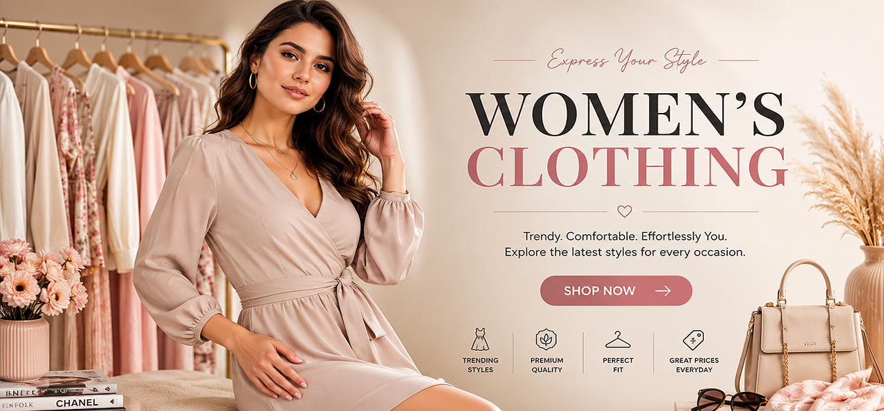 Elegant women’s clothing fashion hero banner featuring stylish female model in modern beige dress with premium apparel collection for ACUVICK ecommerce store