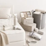 Bedroom cleaning supplies collection featuring home care and organization essentials