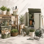 Gardening tools collection featuring outdoor plant care and garden accessories