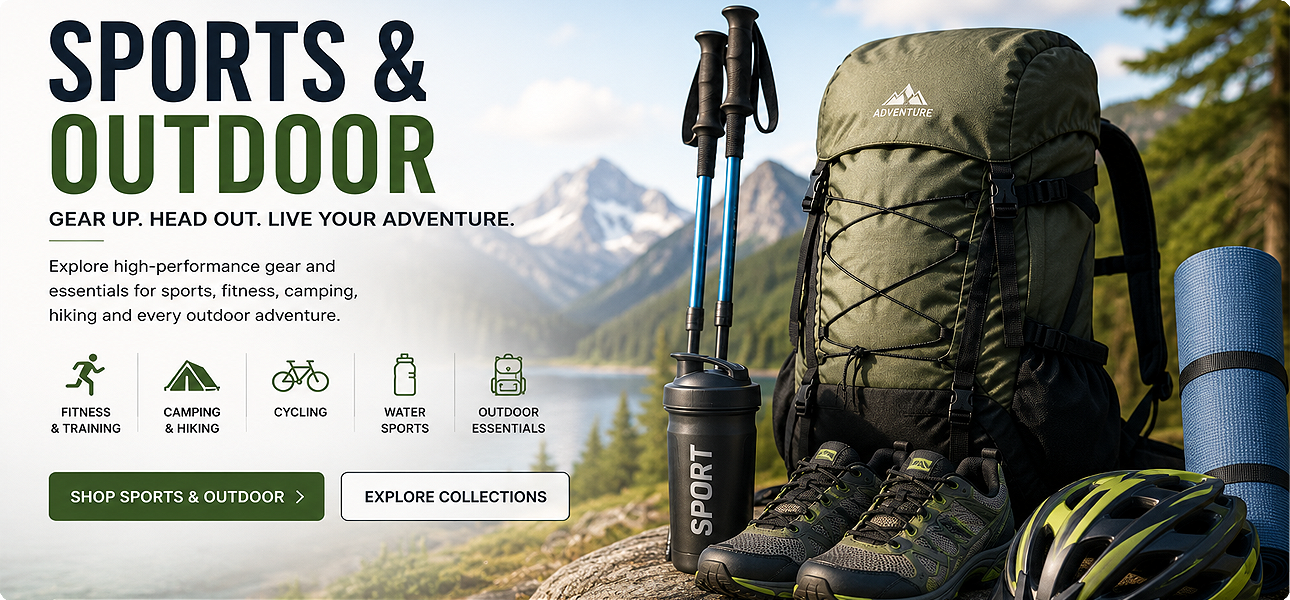 Sports and outdoor collection featuring fitness camping hiking and cycling gear