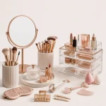 Beauty accessories including makeup brushes skincare tools cosmetic mirrors and organizers
