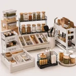 Kitchen organizers including drawer dividers spice racks cabinet storage and pantry systems
