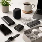 Portable electronics collection featuring power banks wireless earbuds and mobile technology accessories