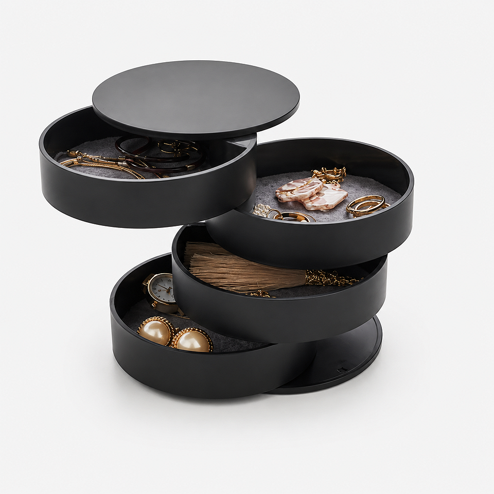 Alt: " 360° Rotating Jewelry & Makeup Organizer with Dustproof Lid product image – Acuvick " Black premium 360 rotating jewelry and makeup organizer with dustproof lid, cosmetic storage container for skincare products, beauty accessories, and jewelry.