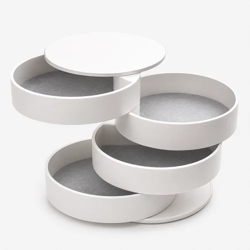 Premium 360 Rotating Jewelry Makeup Organizer with Dustproof Lid front view featuring rotating storage compartments for cosmetics, skincare and jewelry organization.