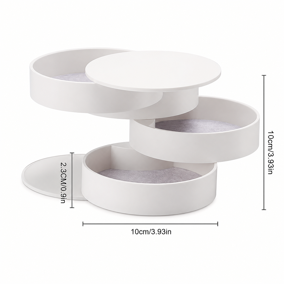 Alt: " 360° Rotating Jewelry & Makeup Organizer with Dustproof Lid product image – Acuvick " Dimensions of premium 360 rotating jewelry and makeup organizer with dustproof lid, showing product size, height, width, and storage capacity details.