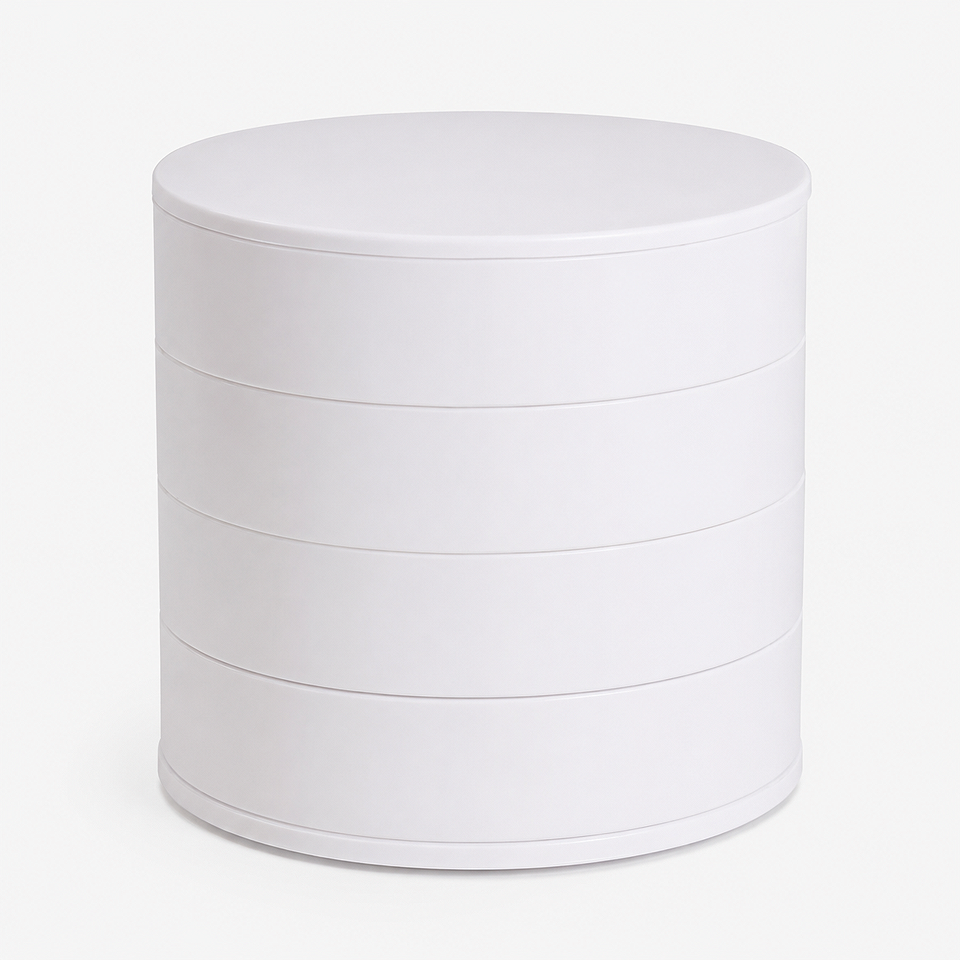 Alt: " 360° Rotating Jewelry & Makeup Organizer with Dustproof Lid product image – Acuvick " Premium 360 rotating jewelry and makeup organizer with dustproof lid in white minimalist design on solid background