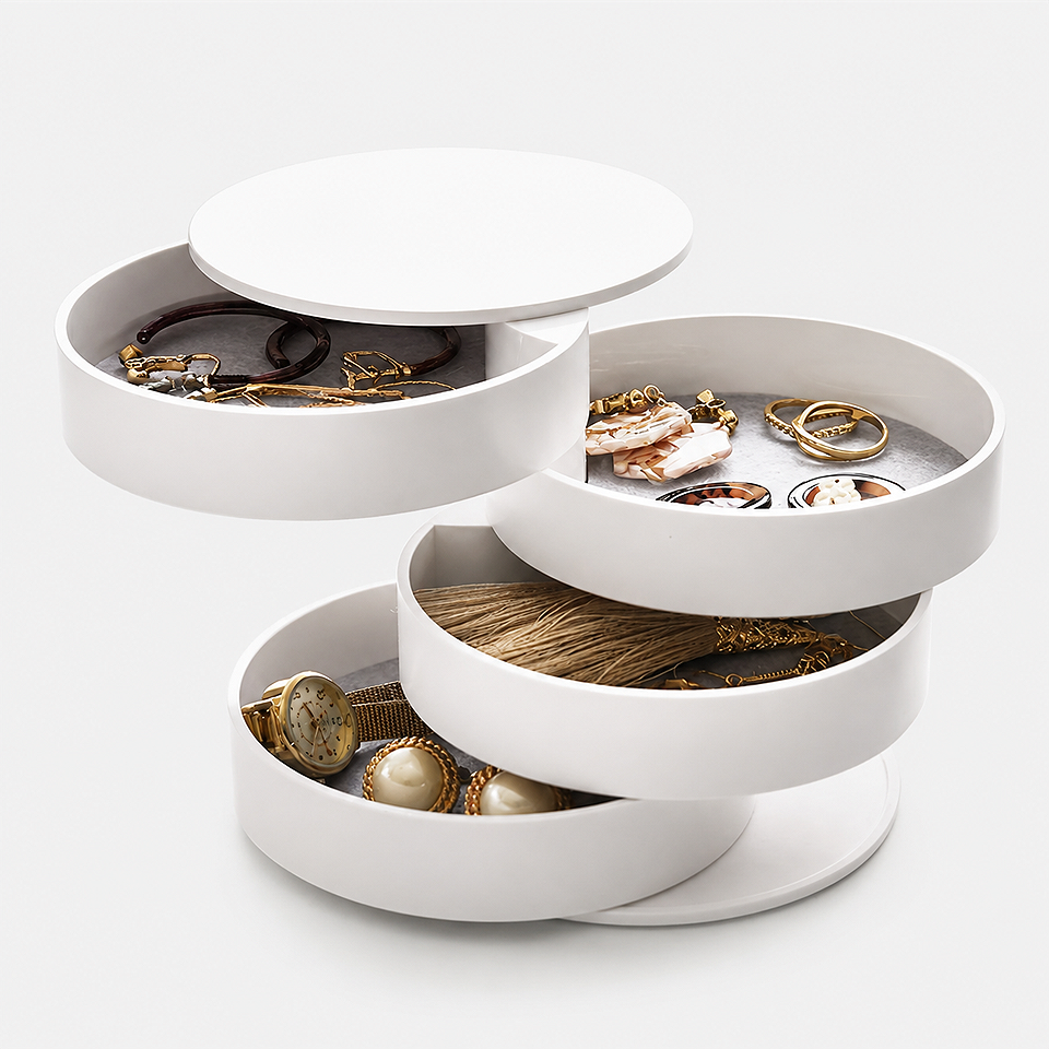 Alt: " 360° Rotating Jewelry & Makeup Organizer with Dustproof Lid product image – Acuvick " Premium 360 rotating jewelry makeup organizer with dustproof lid, multi-layer storage tray for jewelry, cosmetics, accessories and vanity organization