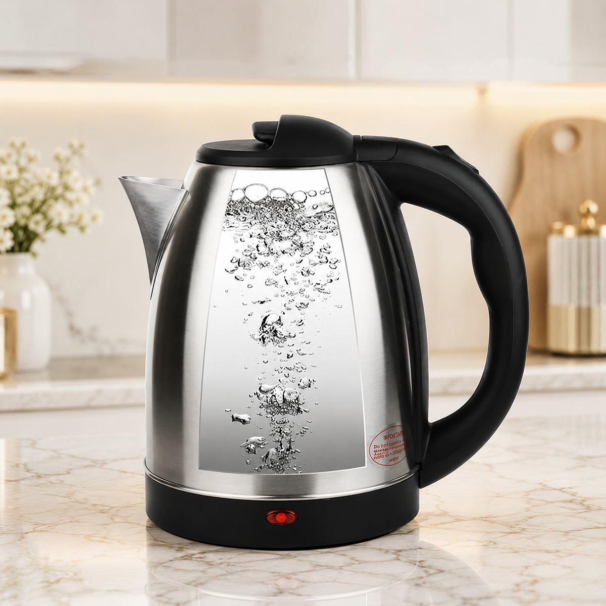 2L stainless steel cordless electric kettle with fast boil technology, 360-degree swivel base, ergonomic handle, and automatic shut-off for home and office use.