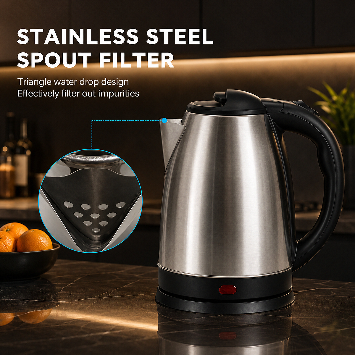 2L stainless steel electric tea kettle with fast boil technology, cordless design, ergonomic handle, and automatic shut-off for home and office use.