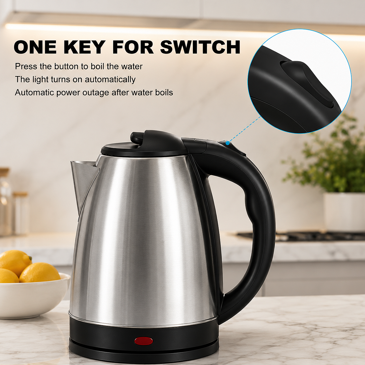 2L stainless steel office electric kettle with fast boil technology, cordless 360° base, ergonomic handle, and automatic shut-off for workplace kitchens and break rooms.